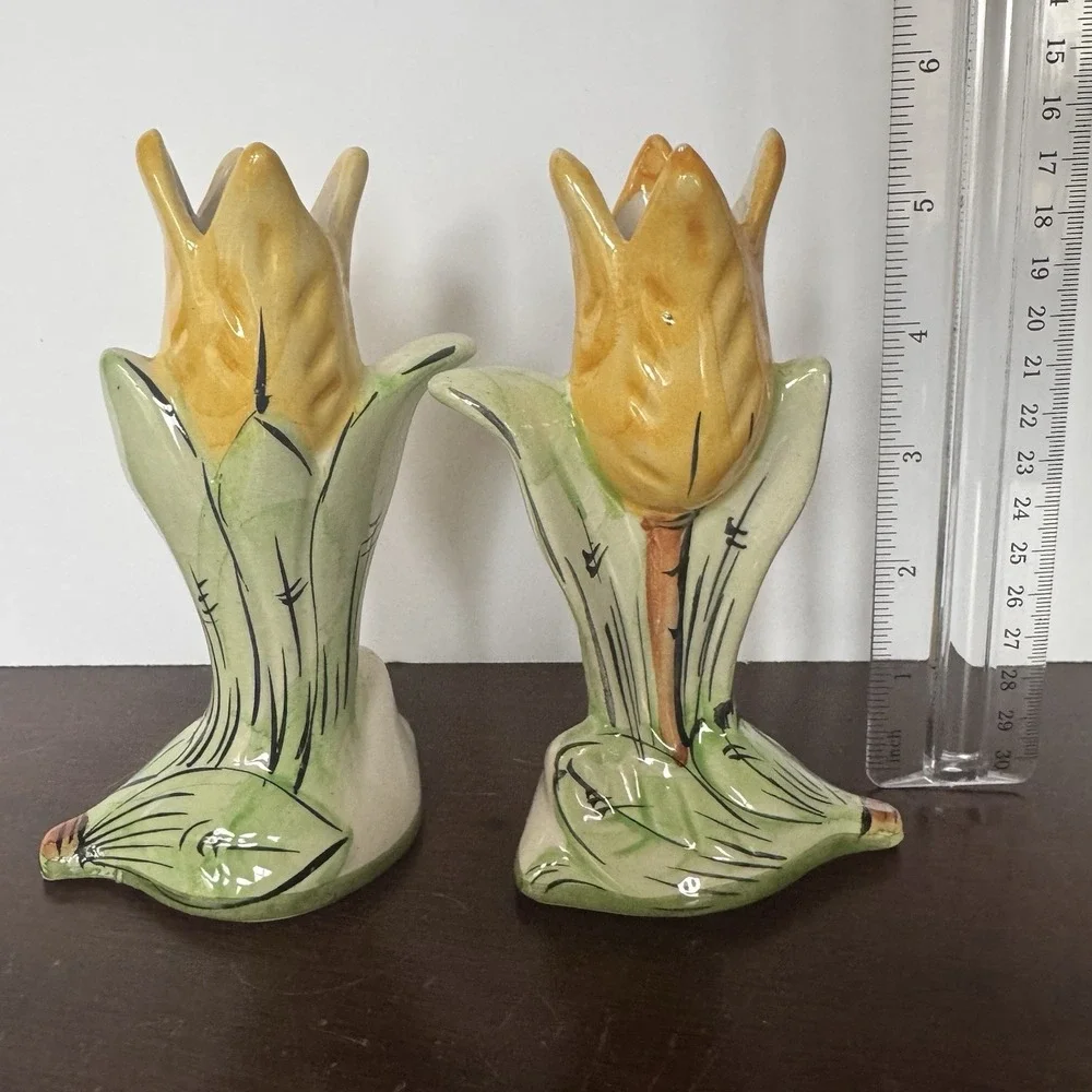 Vintage Ceramic Tulip Candle Holders Pair Made In Portugal MCM Gold Trim